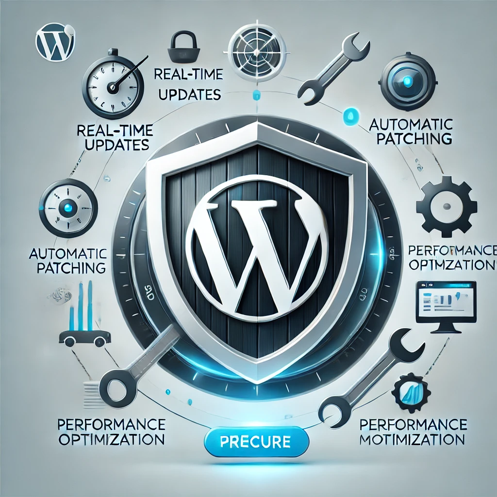 dall·e 2024 07 22 02.32.14 a sleek, modern illustration of a secure wordpress website. the image includes a strong, protective shield in front of the wordpress logo, symbolizing